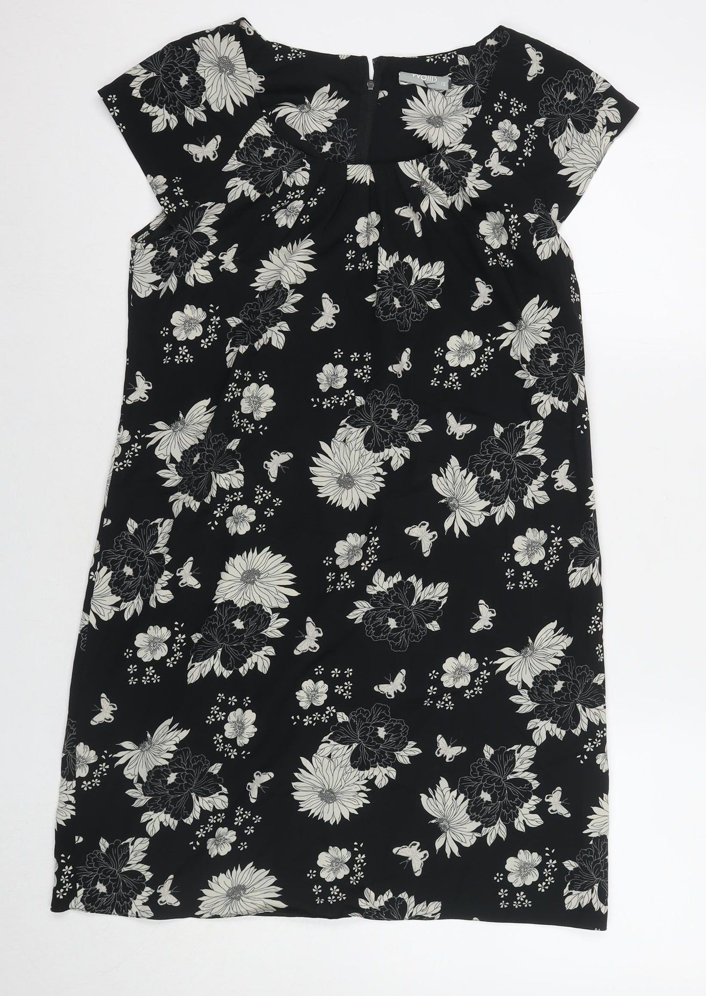 Wallis Womens Black Floral Polyester A-Line Size 12 Round Neck Zip