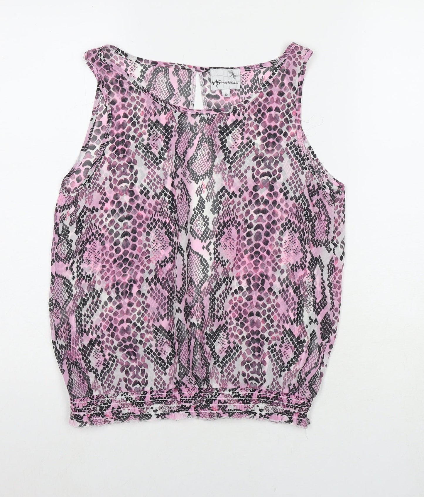 Internacionale Womens Pink Animal Print Polyester Basic Tank Size 10 Round Neck
