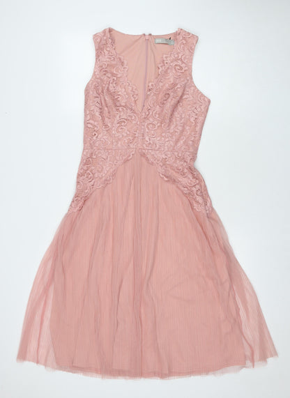 Additional front view of ASOS women’s pink polyester a-line, size UK 12, v-neck zip