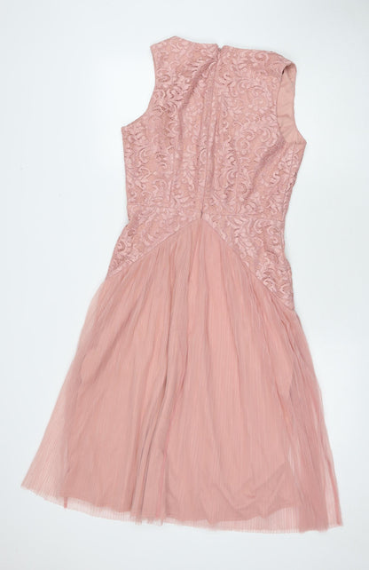 Back view of ASOS women’s pink polyester a-line, size UK 12, v-neck zip