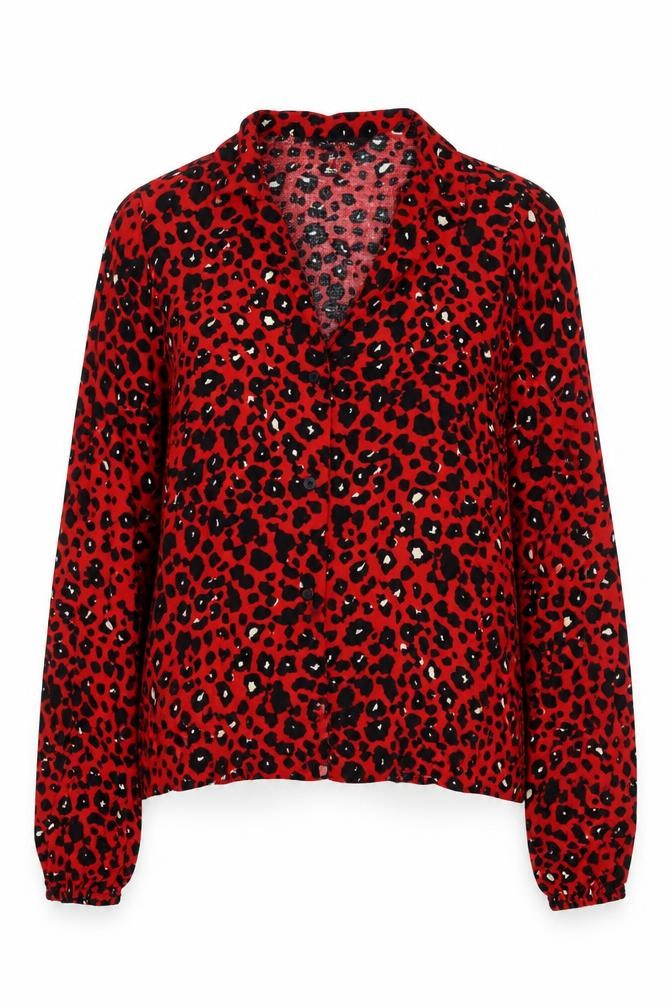 New Look Womens Red Animal Print Viscose Basic Button-Up Size 8 Collared