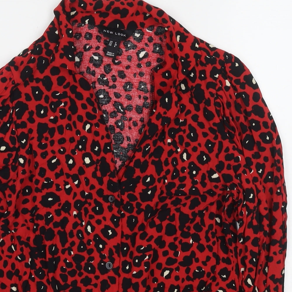 New Look Womens Red Animal Print Viscose Basic Button-Up Size 8 Collared