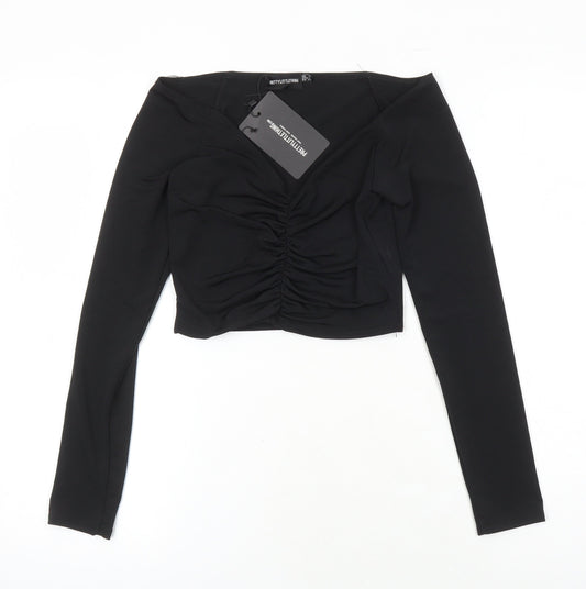 PRETTYLITTLETHING Womens Black Herringbone Polyester Cropped T-Shirt Size 6 Sweetheart
