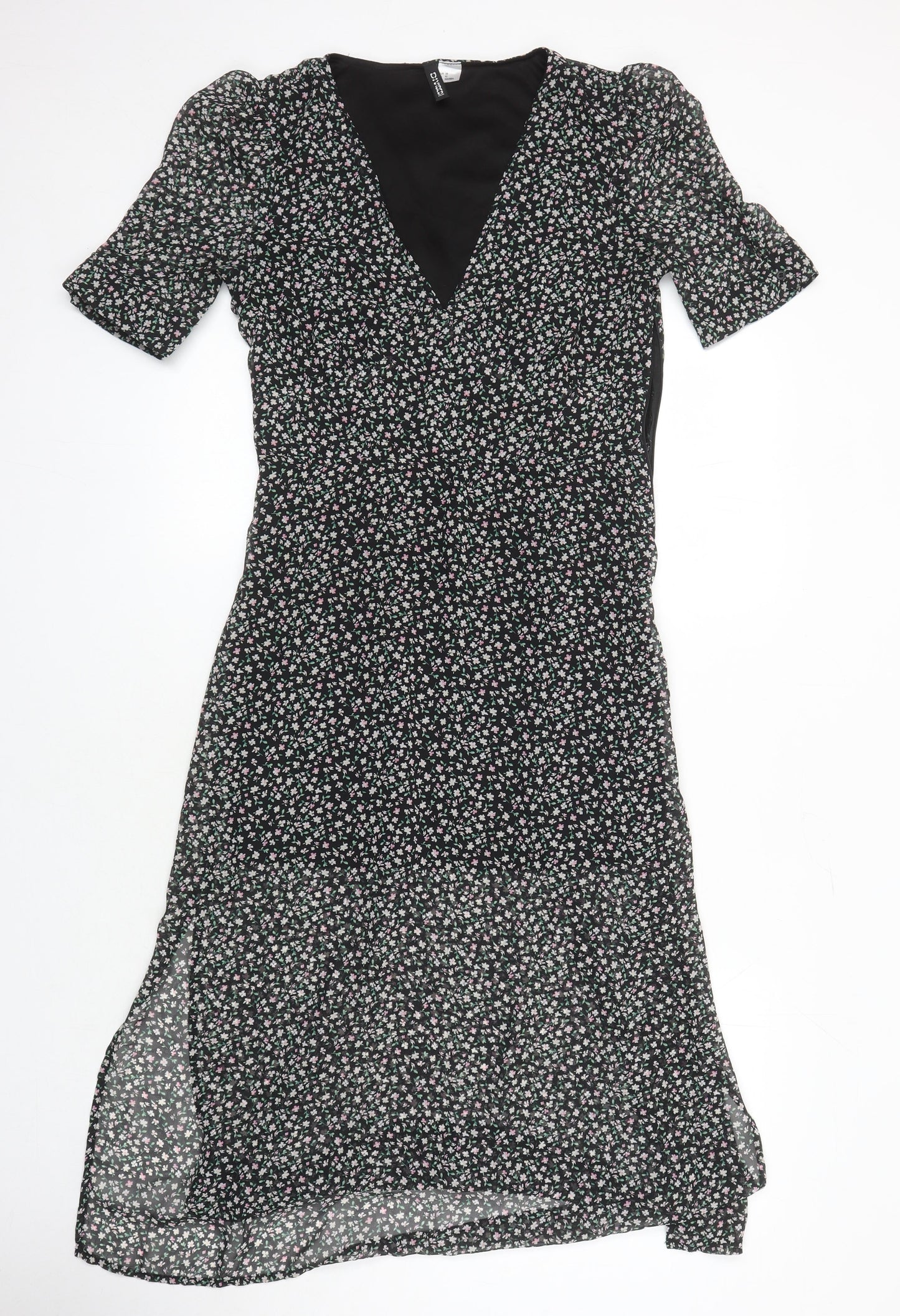 H&M Womens Multicoloured Floral Polyester Blend A-Line Size 10 V-Neck - Side spits