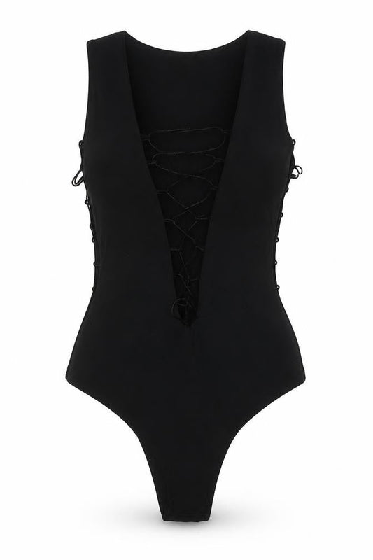 Dolly Diva Womens Black Polyester Bodysuit One-Piece Size 10 Tie - Lace Up Front and Sides