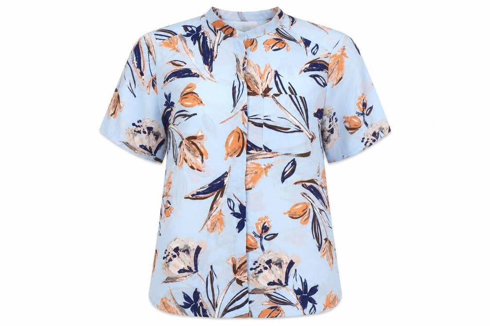 Marks & Spencer Womens Blue Floral Polyester Basic Blouse Size 14 Mock Neck