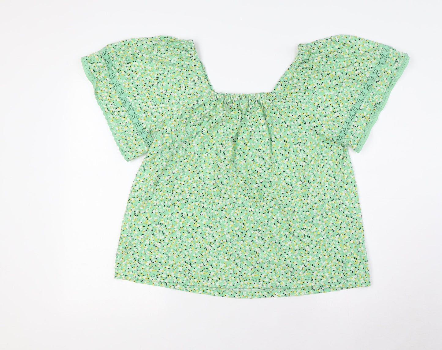 Marks and Spencer Womens Green Floral Cotton Basic Button-Up Size 12 Square Neck