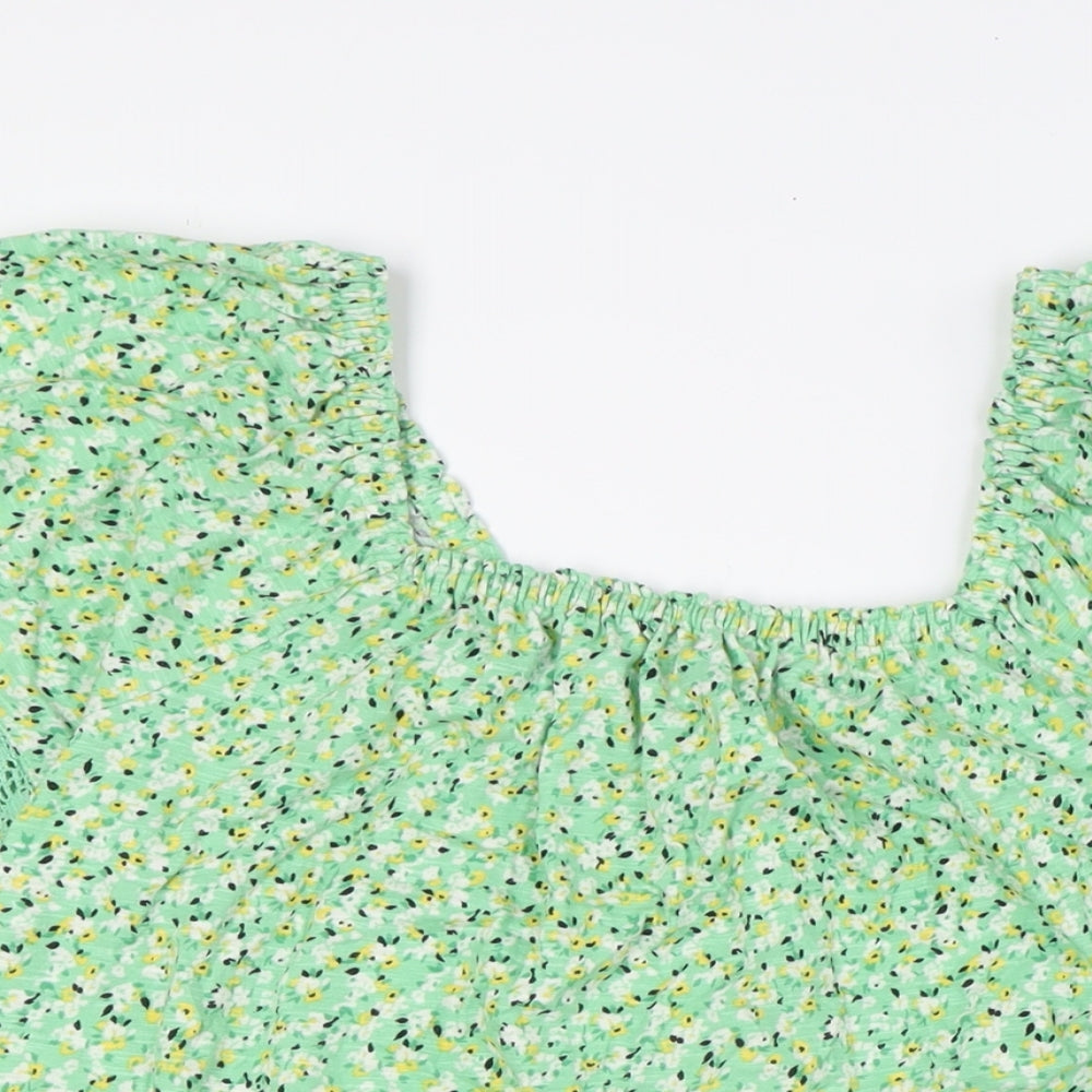 Marks and Spencer Womens Green Floral Cotton Basic Button-Up Size 12 Square Neck