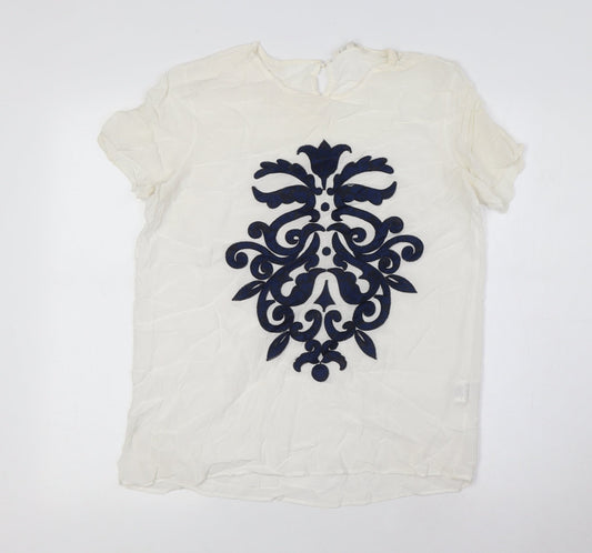 Koton Womens Ivory Viscose Basic Button-Up Size 10 Round Neck - Blue Embellished Front