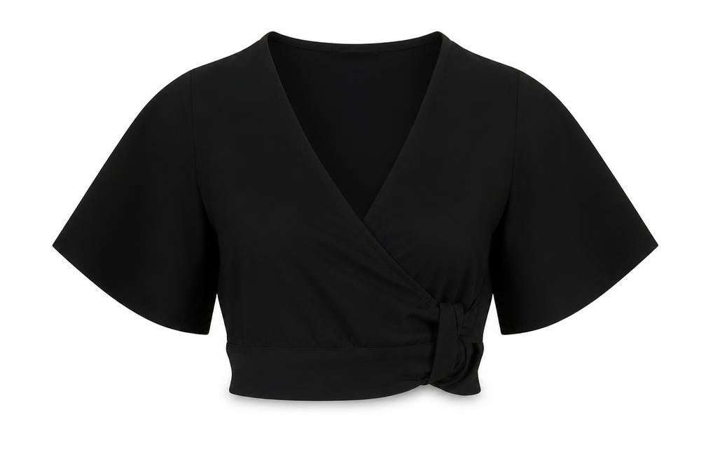 New Look Womens Black Polyester Cropped Button-Up Size 10 V-Neck - Knot Front