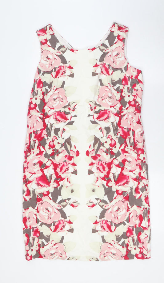 Pomodoro Womens Ivory Floral Cotton Pencil Dress Size 16 Boat Neck Zip - Pink Flowers
