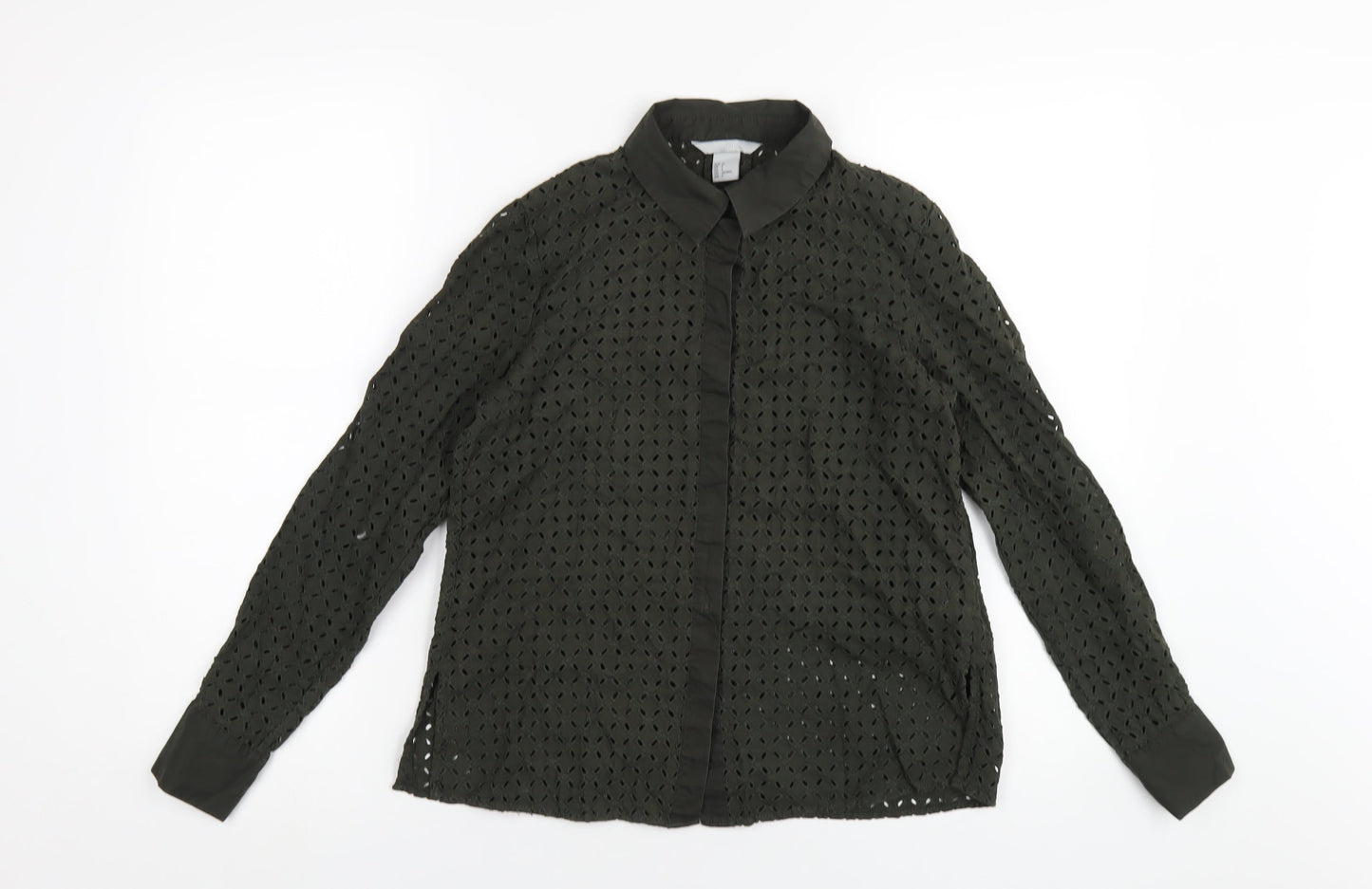 H&M Womens Green Cotton Basic Button-Up Size 6 Collared