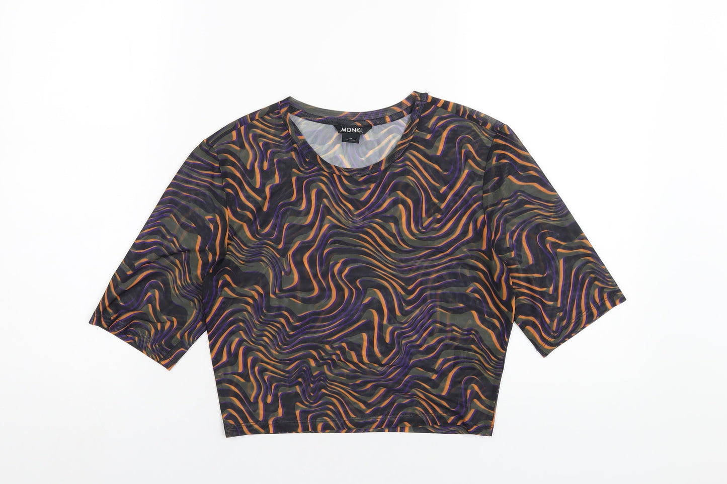 Monki Womens Multicoloured Geometric Polyester Cropped T-Shirt Size M Round Neck