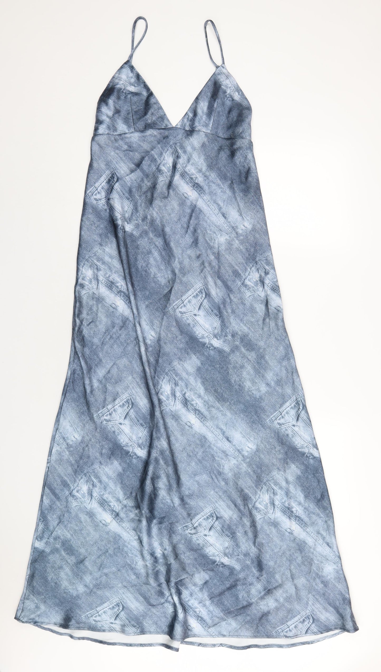 Zara Womens Blue Geometric Polyester A-Line Size M V-Neck Pullover
