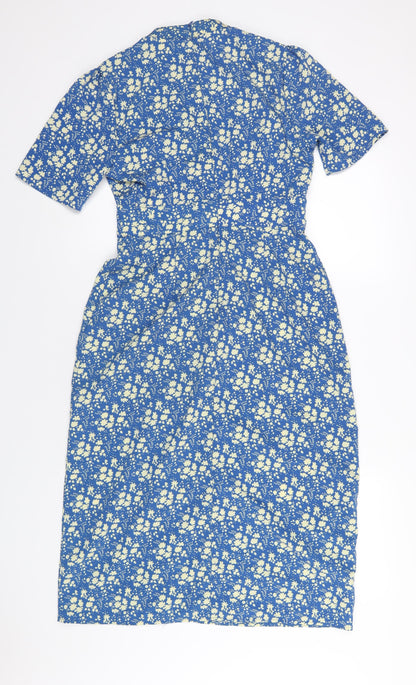 Back view of ASOS women’s blue polyester a-line, size UK 12, round neck zip