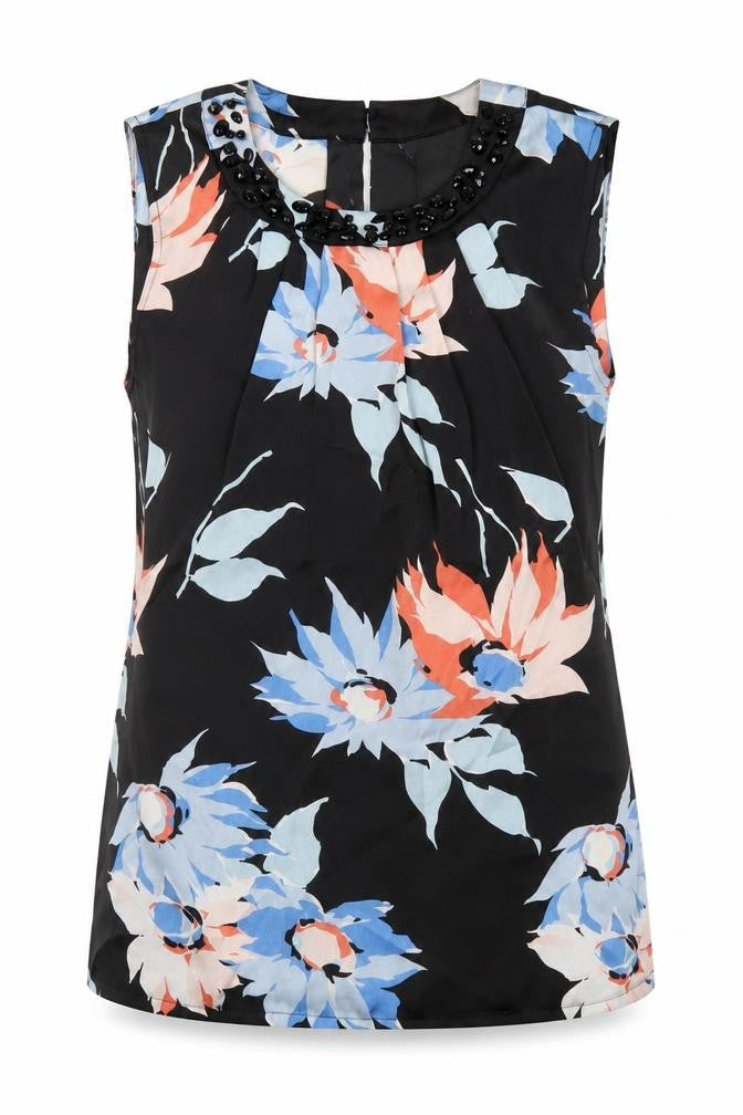 Clements Ribeiro Womens Multicoloured Floral Polyester Basic Blouse Size 8 Scoop Neck - Beaded Neckline