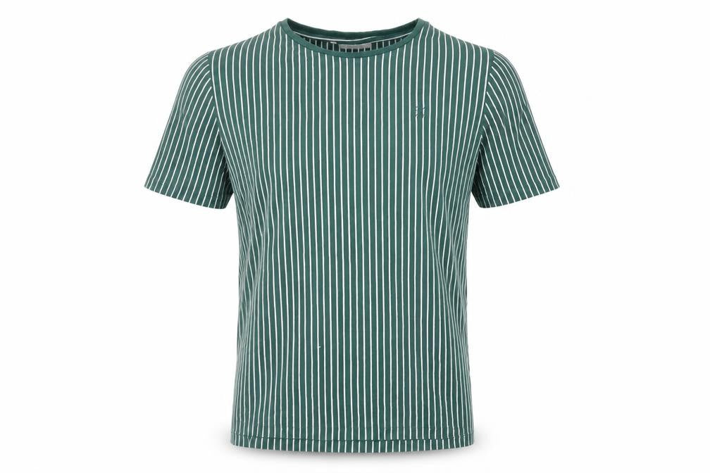 Casual Friday Mens Green Striped Cotton T-Shirt Size S Crew Neck
