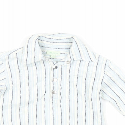 Close-up detail of Monsoon Baby Blue Striped Cotton Basic Blouse, size 6-9, Months Collared Snap