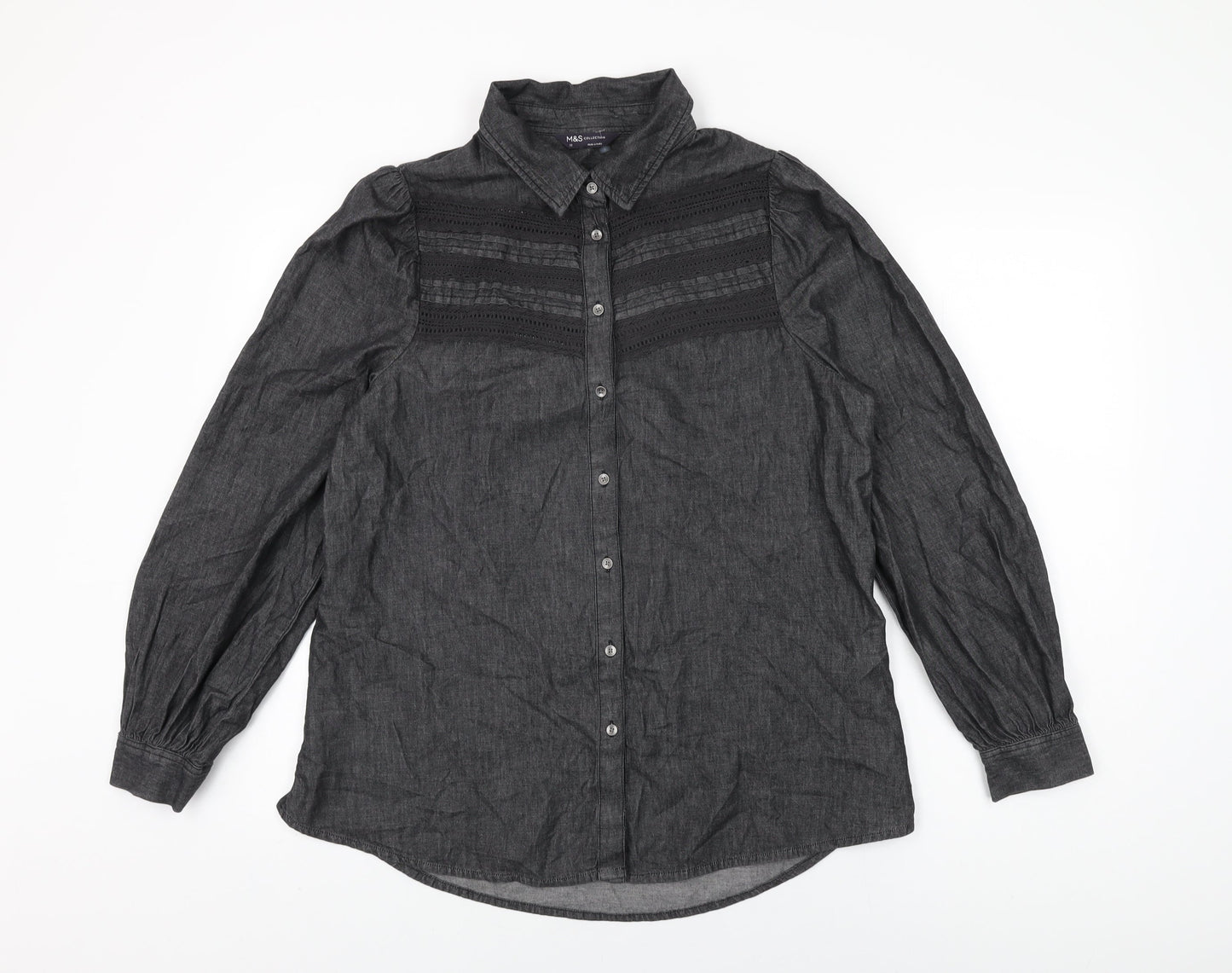 Marks and Spencer Womens Black Cotton Basic Button-Up Size 10 Collared