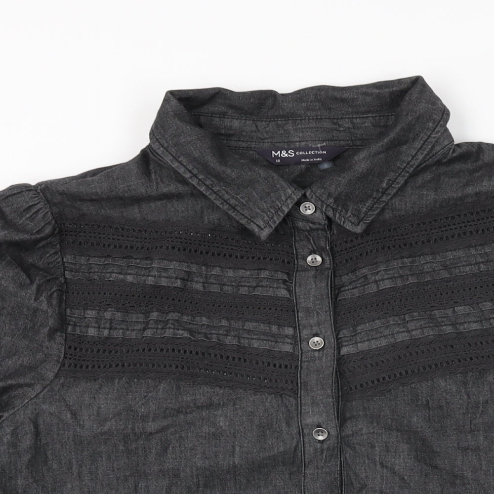 Marks and Spencer Womens Black Cotton Basic Button-Up Size 10 Collared