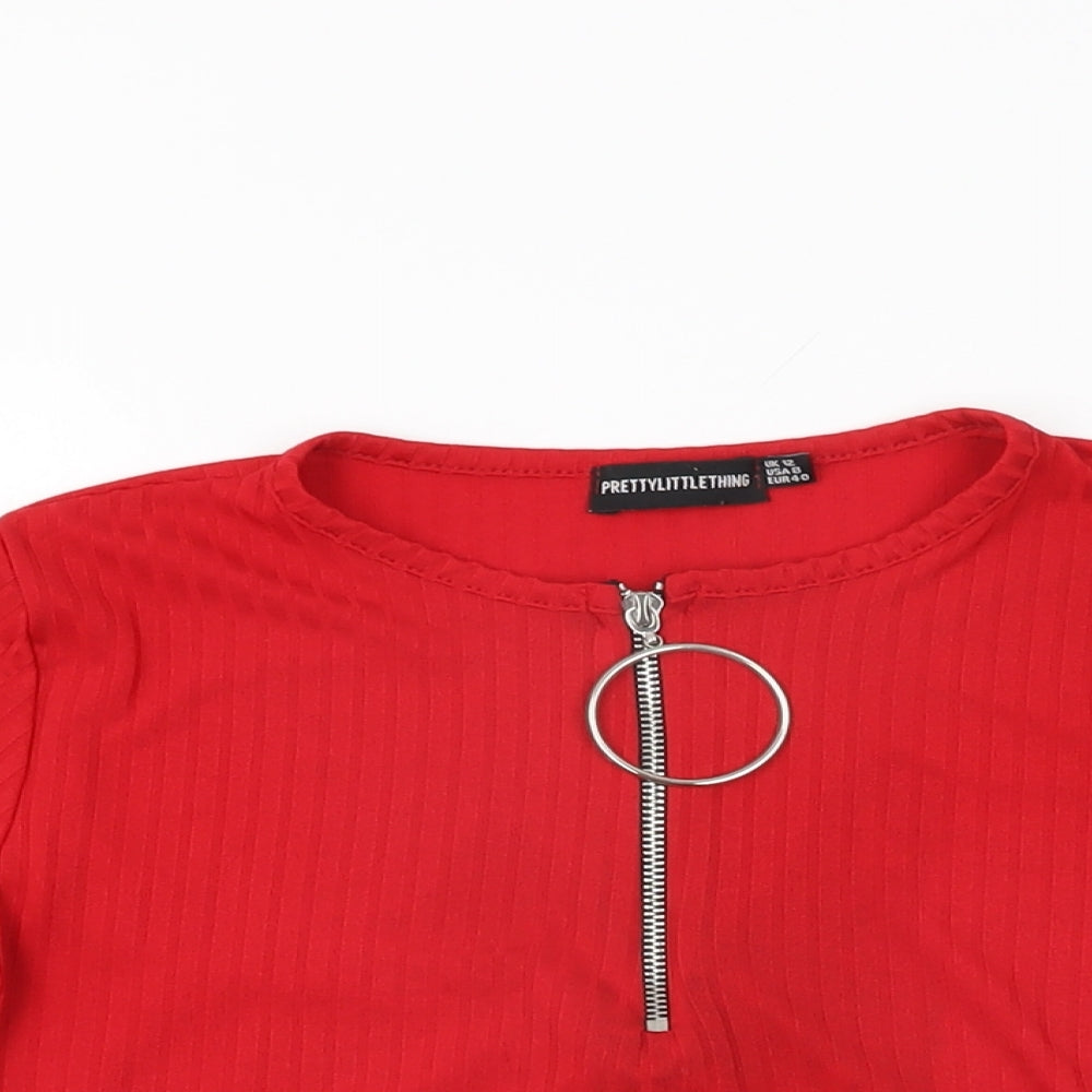 PRETTYLITTLETHING Womens Red Polyester Basic T-Shirt Size 12 Round Neck