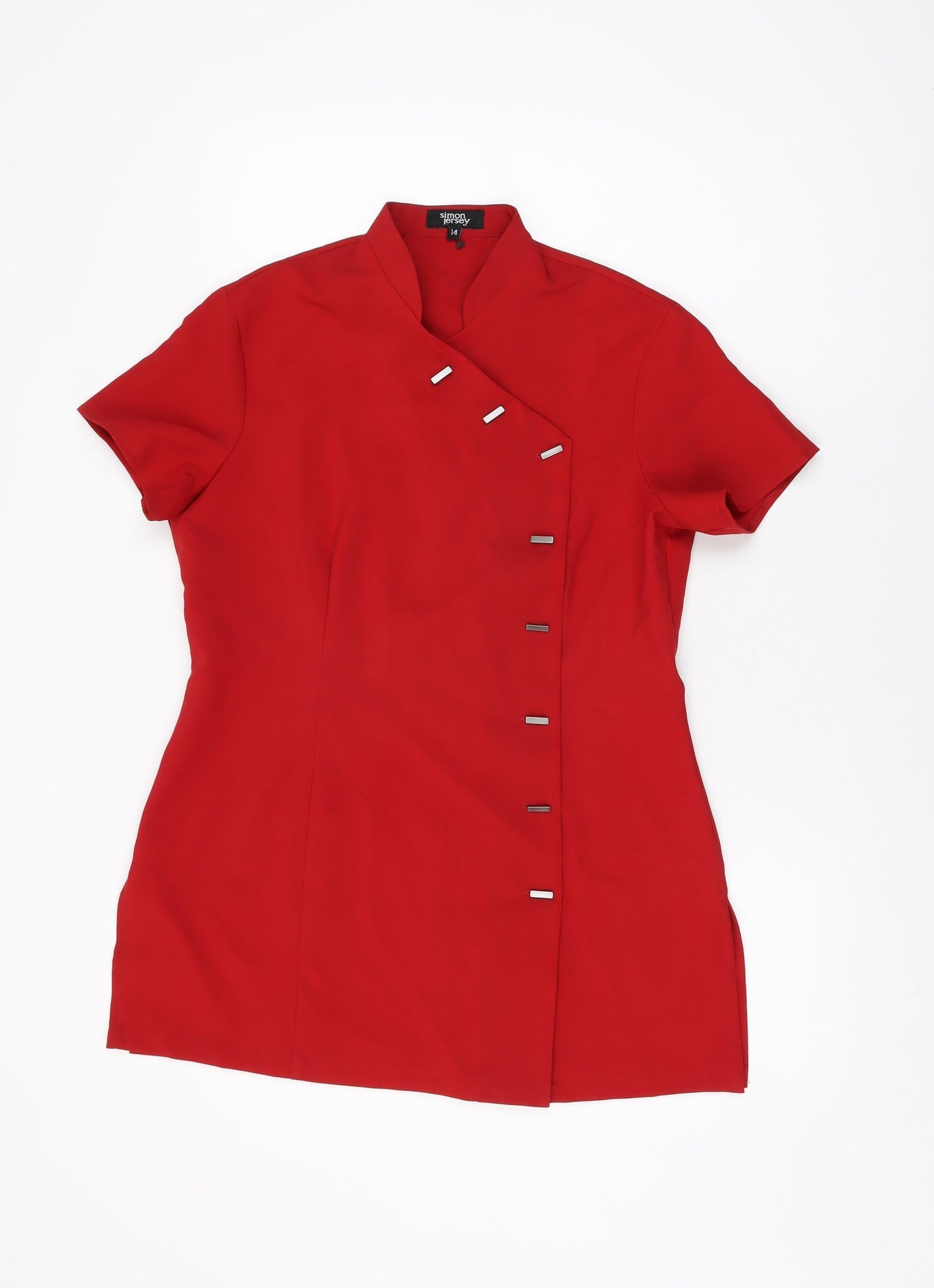 Simon Jersey Womens Red Polyester Basic Button-Up Size 14 V-Neck