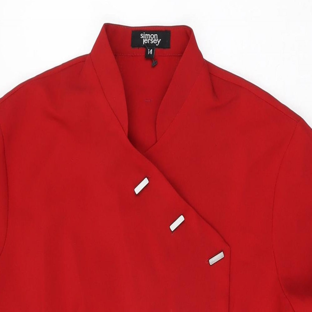 Simon Jersey Womens Red Polyester Basic Button-Up Size 14 V-Neck
