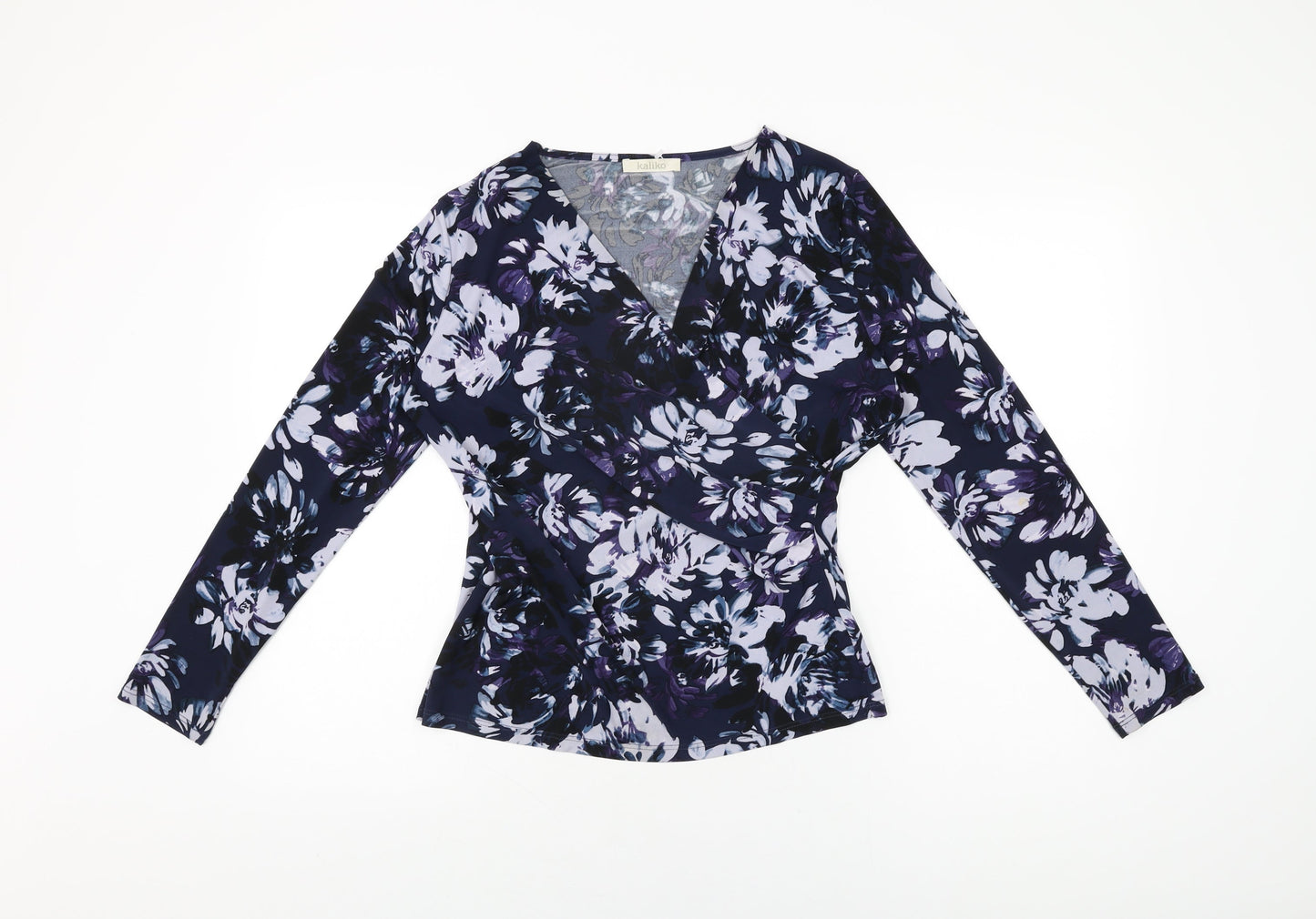 Kaliko Womens Blue Floral Polyester Basic T-Shirt Size 10 V-Neck