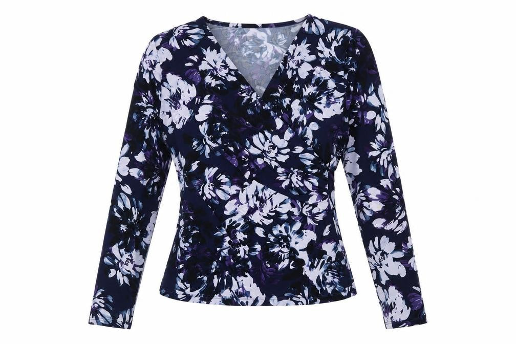 Kaliko Womens Blue Floral Polyester Basic T-Shirt Size 10 V-Neck