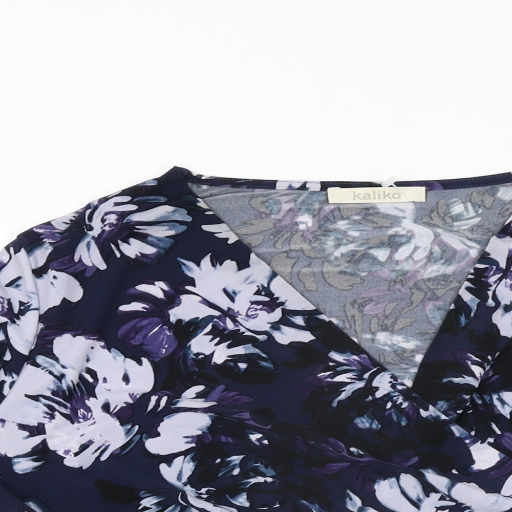 Kaliko Womens Blue Floral Polyester Basic T-Shirt Size 10 V-Neck