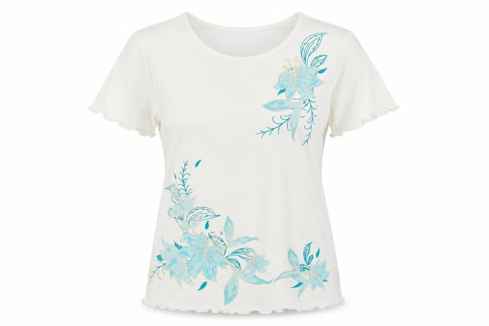 Damart Womens White Floral Polyester Basic T-Shirt Size 14 Round Neck