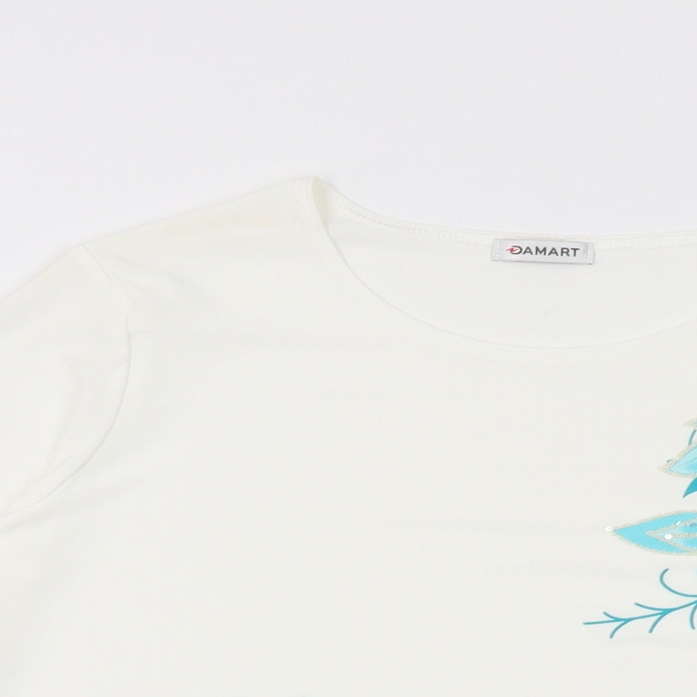 Damart Womens White Floral Polyester Basic T-Shirt Size 14 Round Neck