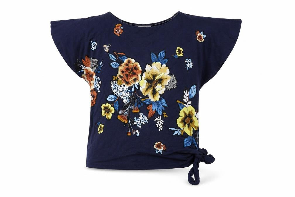 Per Una Womens Blue Floral Viscose Basic T-Shirt Size 12 Round Neck