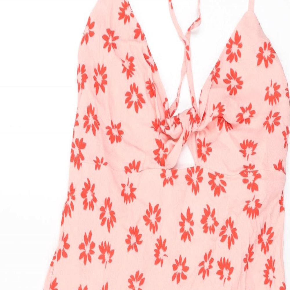 Bershka Womens Pink Floral Viscose Shift Size M V-Neck Tie