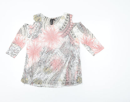 Izabel London Womens White Floral Polyester Basic T-Shirt Size 8 Round Neck