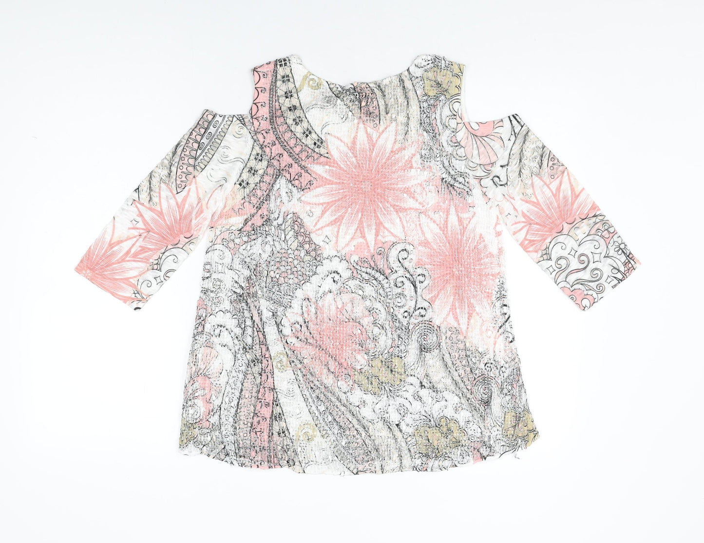 Izabel London Womens White Floral Polyester Basic T-Shirt Size 8 Round Neck