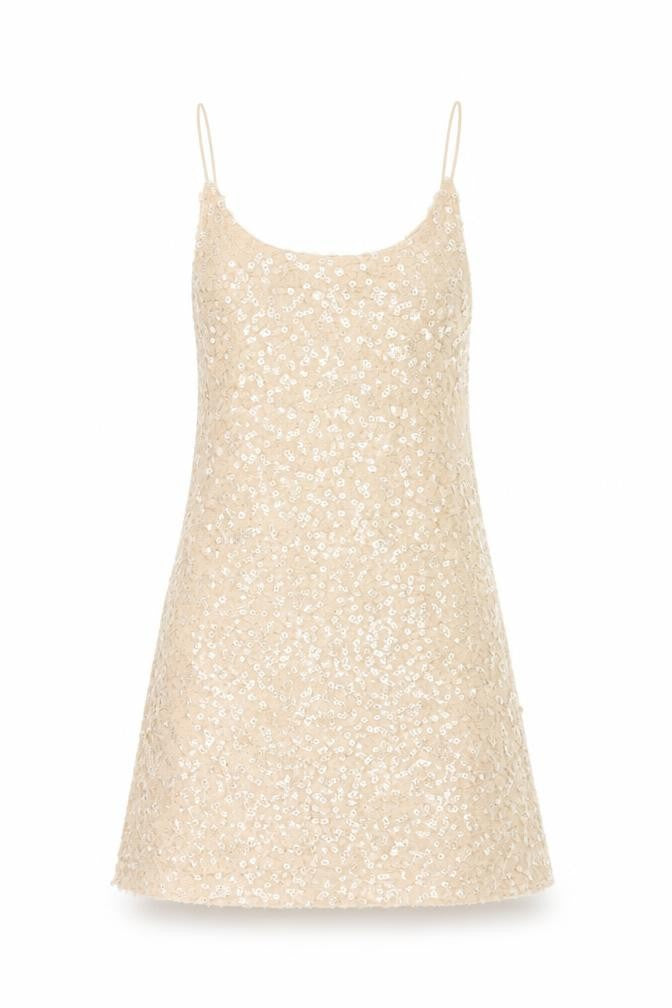 Motel Womens Beige Polyester Basic T-Shirt Size L Square Neck - Sequins