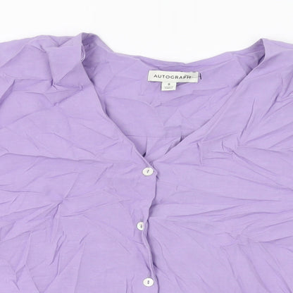 Close-up detail of Autograph women’s purple polyester basic button-up, size UK 8, v-neck