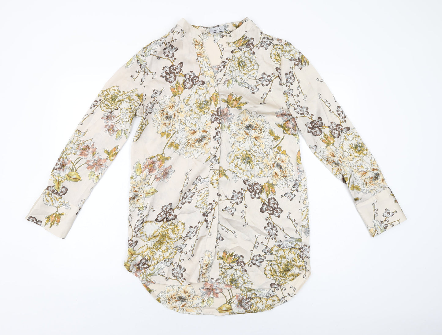 Riva Womens Beige Floral Polyester Basic Button-Up Size S V-Neck