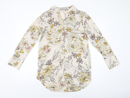 Riva Womens Beige Floral Polyester Basic Button-Up Size S V-Neck