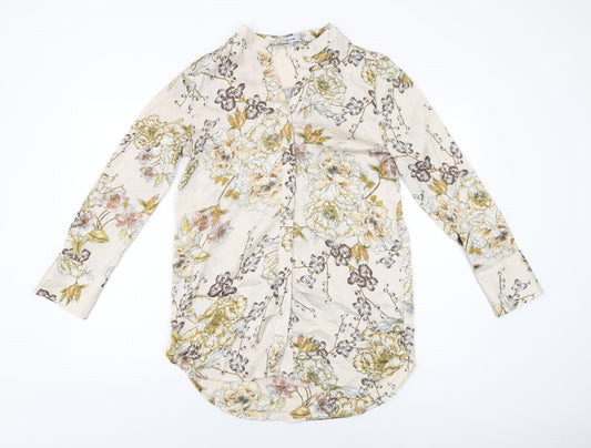 Riva Womens Beige Floral Polyester Basic Button-Up Size S V-Neck