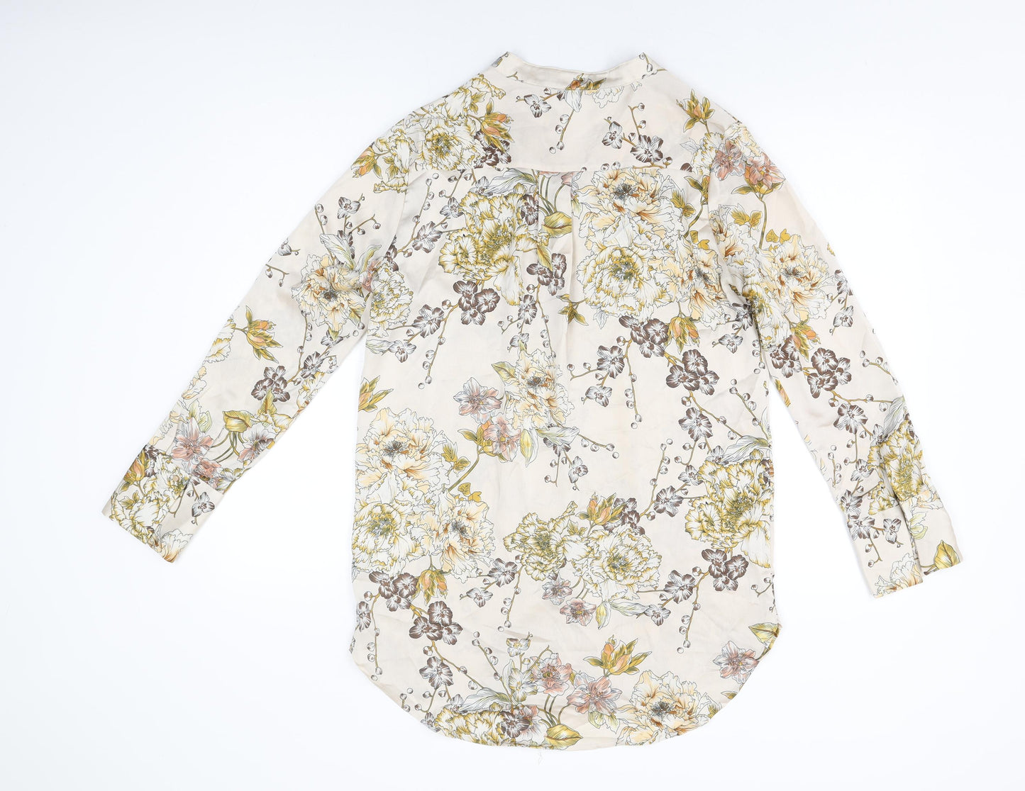Riva Womens Beige Floral Polyester Basic Button-Up Size S V-Neck