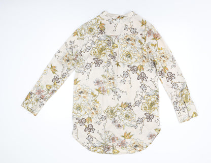 Riva Womens Beige Floral Polyester Basic Button-Up Size S V-Neck