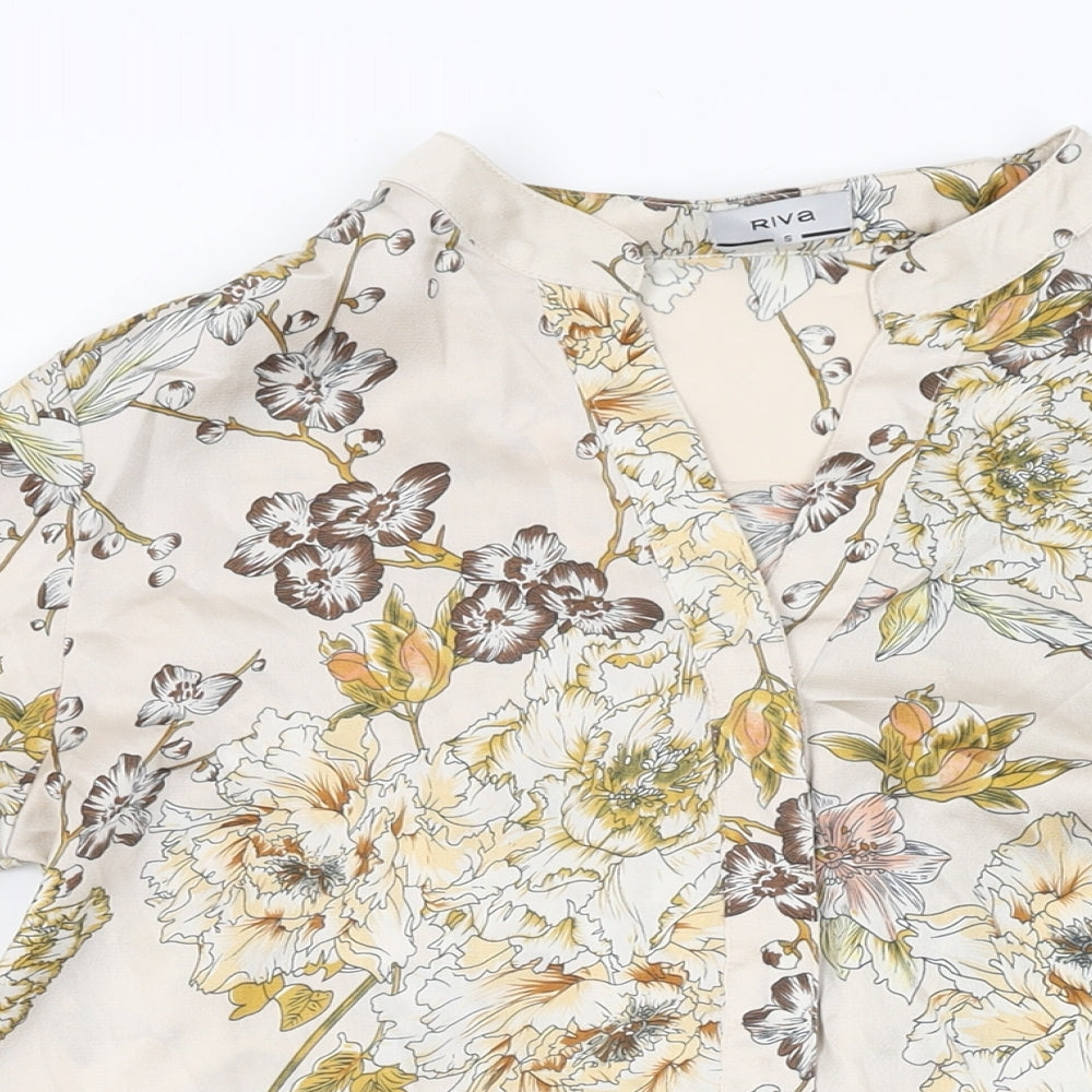 Riva Womens Beige Floral Polyester Basic Button-Up Size S V-Neck