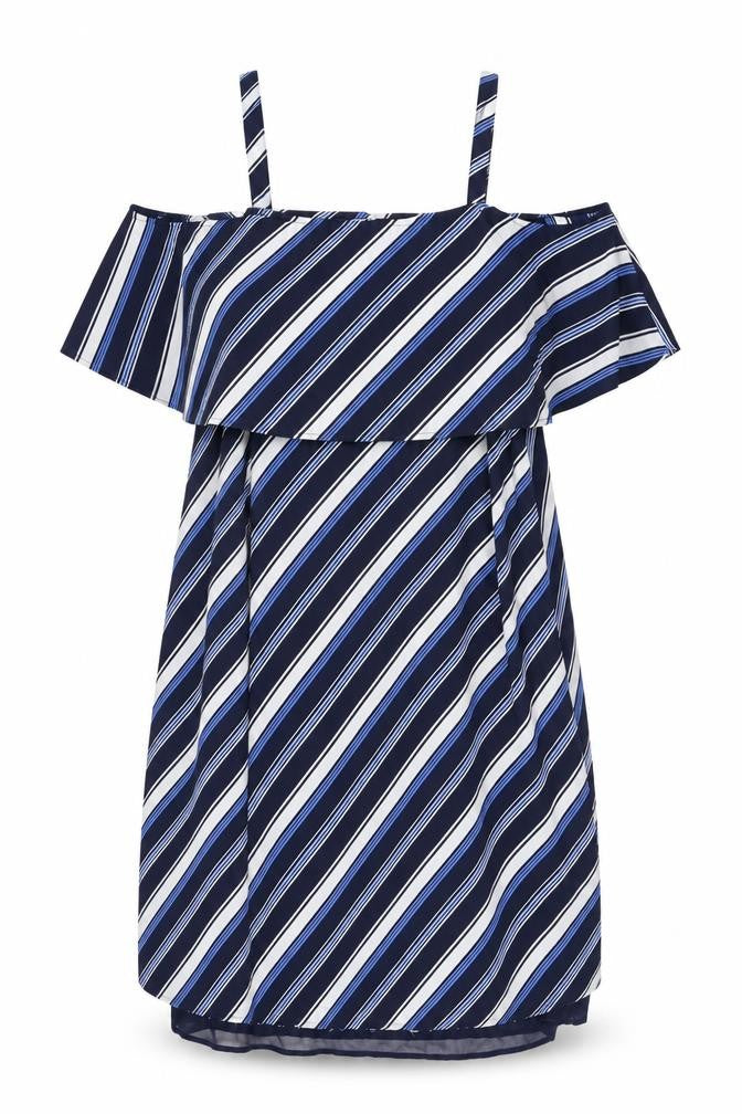 Marks & Spencer Womens Blue Striped Polyester Shift Size 14 Off the Shoulder Pullover