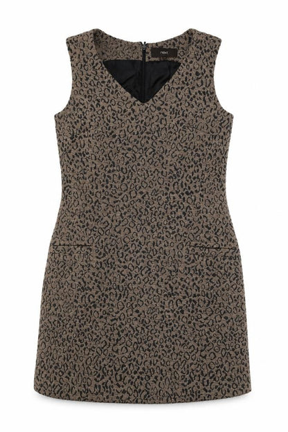 Next Womens Brown Geometric Polyester Shift Size 10 V-Neck Zip