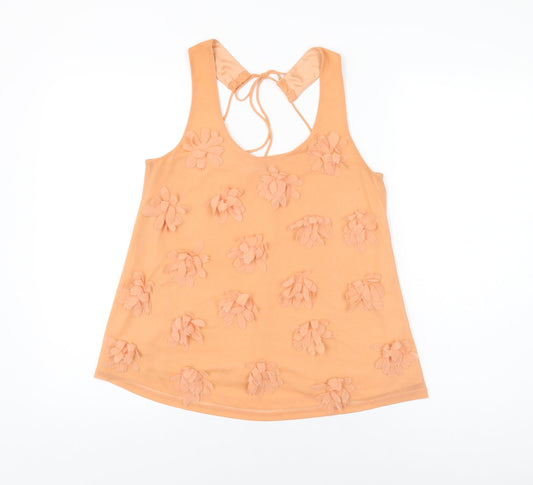 Topshop Womens Orange Floral Polyester Basic Blouse Size 8 Round Neck