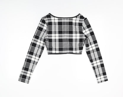 CBR Womens Black Geometric Polyester Cropped T-Shirt Size S V-Neck