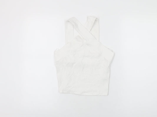 Zara Womens White Cotton Cropped T-Shirt Size M V-Neck