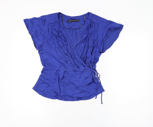 Zara Womens Blue Viscose Wrap Blouse Size M V-Neck